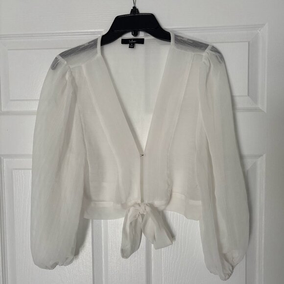 Lulus In The Breeze White Sheer Long Sleeve Tie-front Top - Size M - Picture 3 of 6